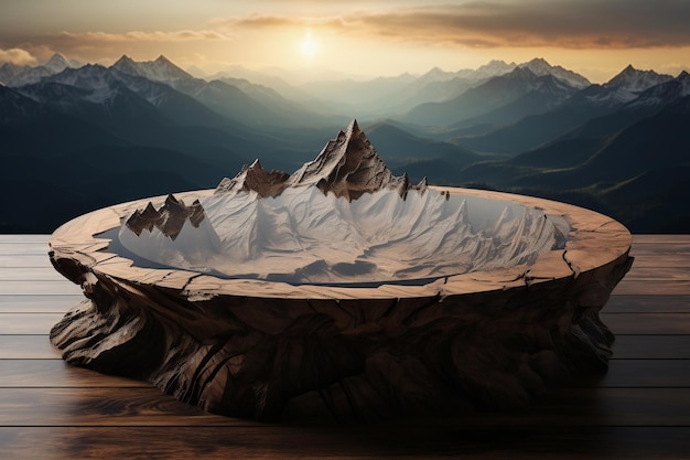 Una mesa de madera con una montaña Generativa Ai