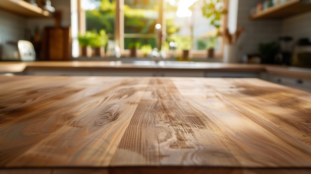 Mesa de madera en el mostrador de cocina borroso en el fondo de la habitación para la exhibición de productos de montaje o IA generativa