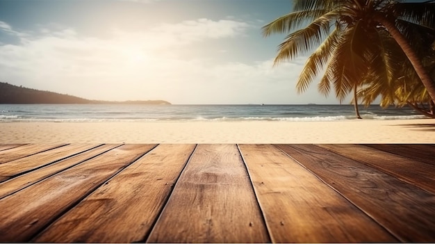 Mesa de Madera Mpty en un Impresionante Paraíso de Playa Tropical