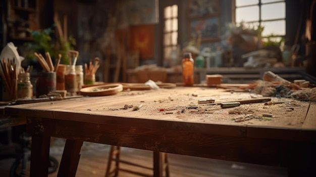 Foto una mesa de madera con mucha pintura y una botella de pintura.