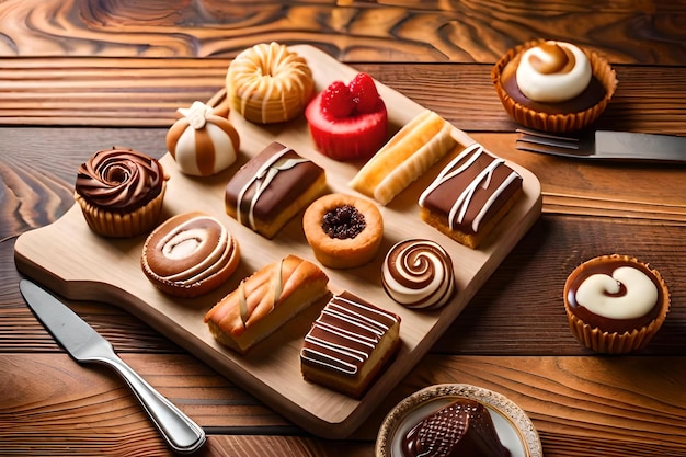 Una mesa de madera con muchos postres y pasteles.