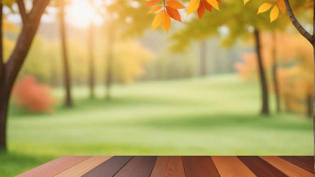 Foto mesa de madera en la naturaleza borrosa