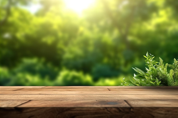 Mesa de madera en la naturaleza verde bokeh de fondo abstracto