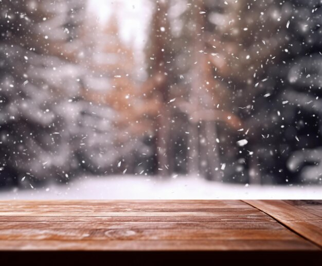 mesa de madera con nieve caída árboles de Navidad fondo de invierno