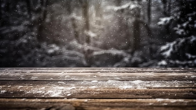 Una mesa de madera con nieve encima