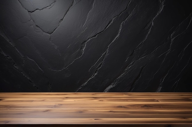 Foto mesa de madera o encimera con fondo de piedra negra en la pared