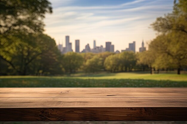 Una mesa de madera sin objetos colocada contra el fondo de un parque de la ciudad que parece confuso.