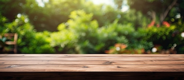 Una mesa de madera sin objetos en ella y un fondo borroso de un jardín al aire libre proporciona