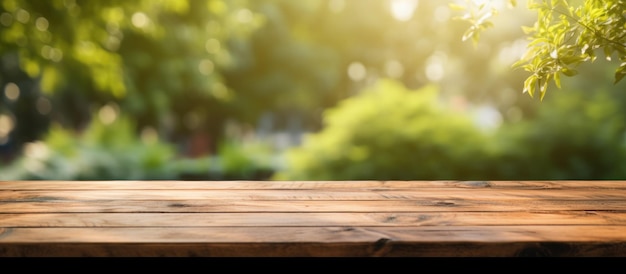 Una mesa de madera sin objetos en ella y un fondo borroso de un jardín al aire libre proporciona