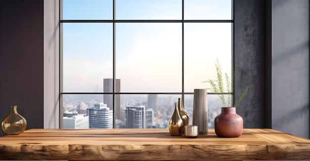 Mesa de madera con objetos estéticos en el interior del apartamento con vista a los edificios