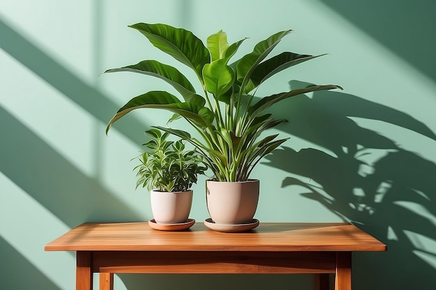 Mesa de madera con olla de plantas en pared verde claro con sombra de fondo de luz solar Foto de alta calidad