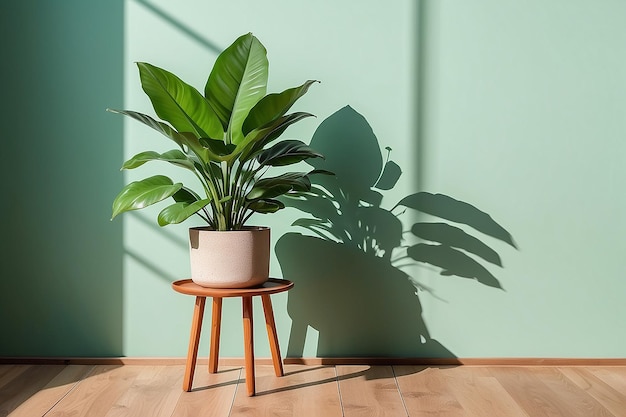 Mesa de madera con olla de plantas en pared verde claro con sombra de fondo de luz solar Foto de alta calidad