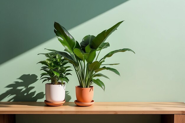 Mesa de madera con olla de plantas en pared verde claro con sombra de fondo de luz solar Foto de alta calidad