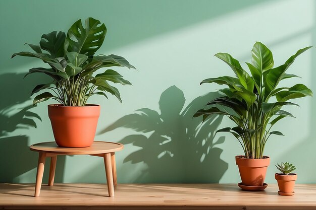 Mesa de madera con olla de plantas en pared verde claro con sombra de fondo de luz solar Foto de alta calidad