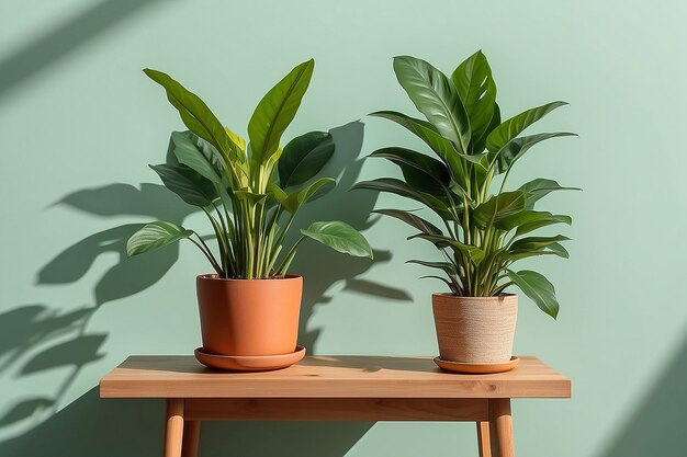 Mesa de madera con olla de plantas en pared verde claro con sombra de fondo de luz solar Foto de alta calidad