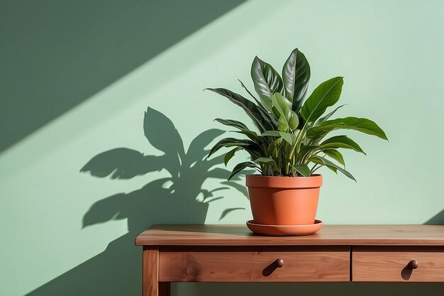 Mesa de madera con olla de plantas en pared verde claro con sombra de fondo de luz solar Foto de alta calidad