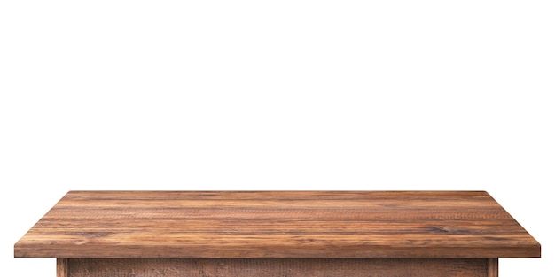 Mesa de madera oscura aislada sobre fondo blanco tablero de madera vacío