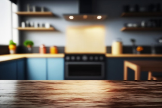 mesa de madera oscura en el fondo de la sala de cocina borrosa
