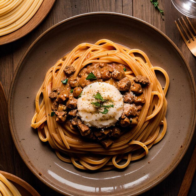 Foto mesa de madera oscura para la pasta bolognese