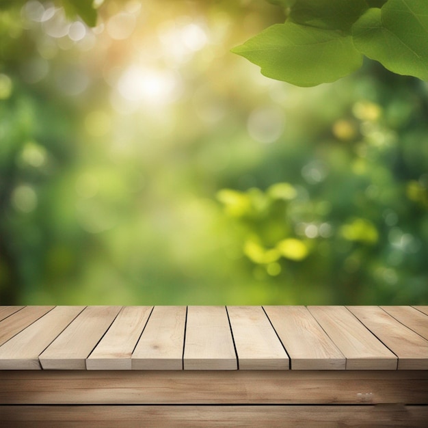 mesa de madera con paisaje de árboles en el fondo Foto