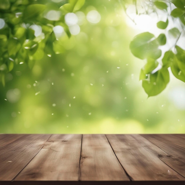 mesa de madera con paisaje de árboles en el fondo Foto