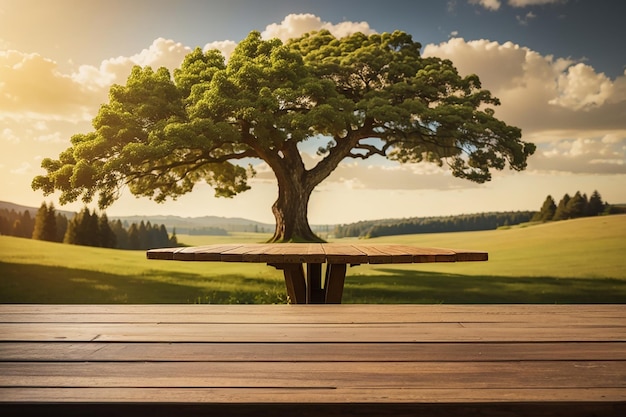 Mesa de madera con paisaje de árboles en el fondo