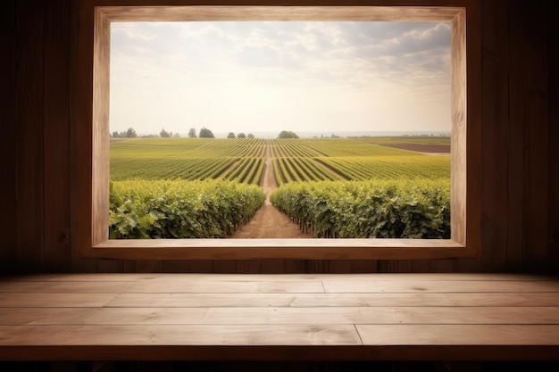 Mesa de madera con paisaje europeo escénico en el fondo