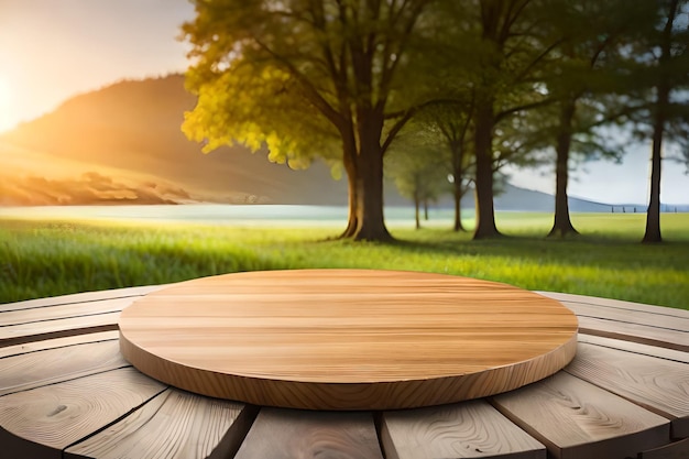 Una mesa de madera con un paisaje de fondo