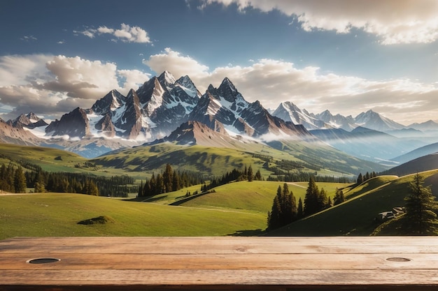 mesa de madera con el paisaje de la montaña