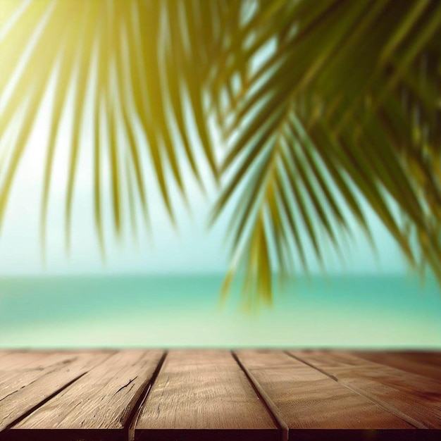 Una mesa de madera con una palmera y una playa al fondo.