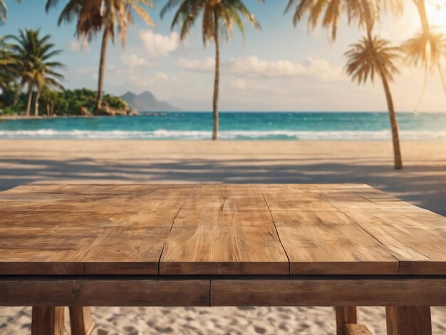 Mesa de madera con palmera de verano.