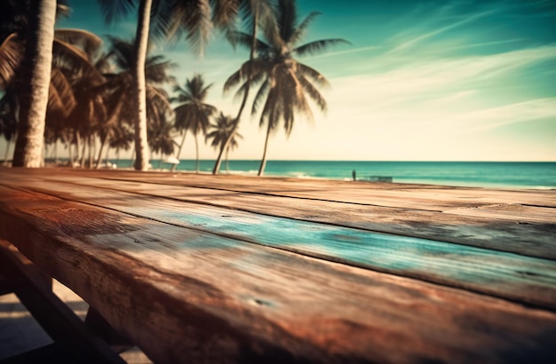 Una mesa de madera con palmeras y la playa al fondo.