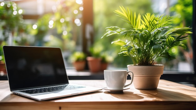 Mesa de madera con pantalla de portátil y una taza de café complementada por una planta en maceta vibrante borrosa