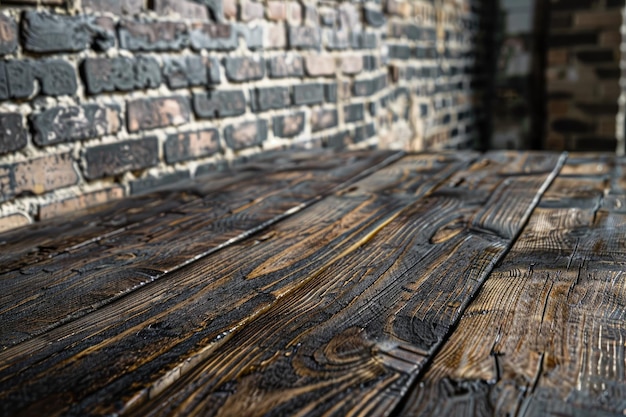 Foto mesa de madera y pared de ladrillo para exhibición o edición de productos