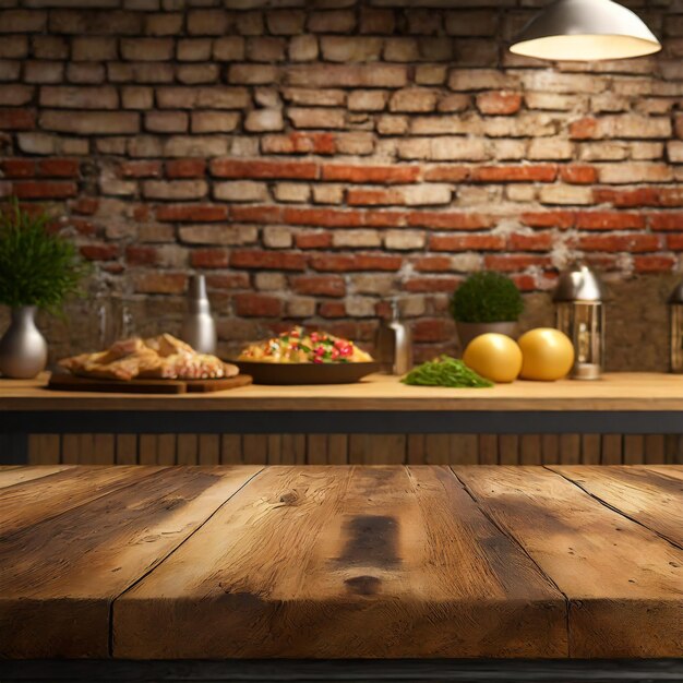 Foto mesa de madera con pared de ladrillo para exhibir alimentos ai generado
