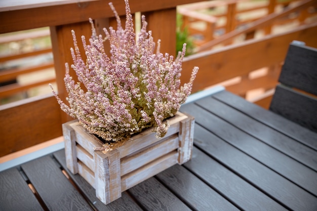 Mesa de madera en el patio, terraza con composición de otoño con brezo en una cesta.