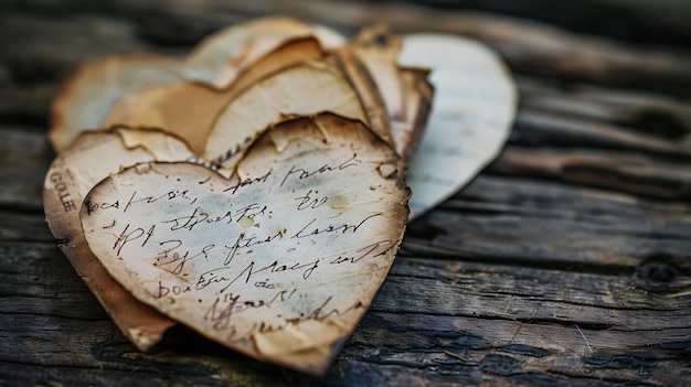 Una mesa de madera con un pedazo de papel en forma de corazón que ha sido quemado alrededor de los bordes El papel es viejo y tiene escritura a mano en él
