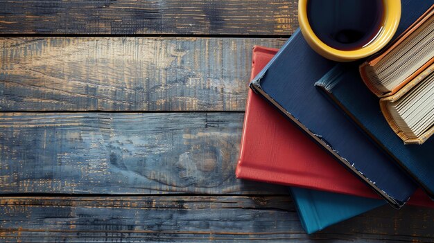 Foto una mesa de madera con una pila de libros y una taza de café