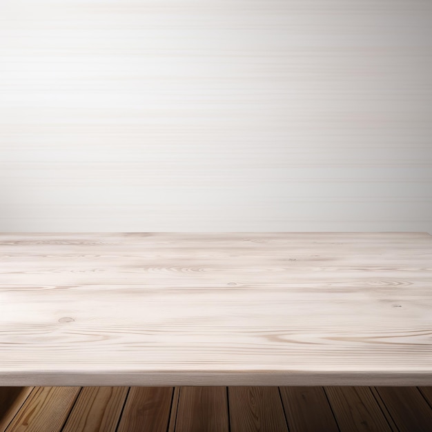 Mesa de madera sin pintar en enfoque suave contra un fondo blanco