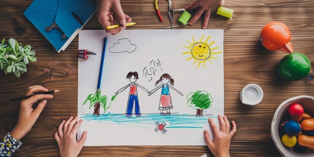 Foto mesa de madera con pintura con un niño39s dibujando en papel blanco de una familia