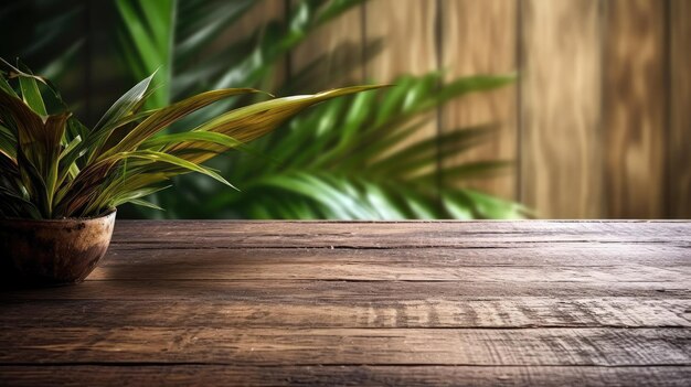 Una mesa de madera con una planta al fondo.