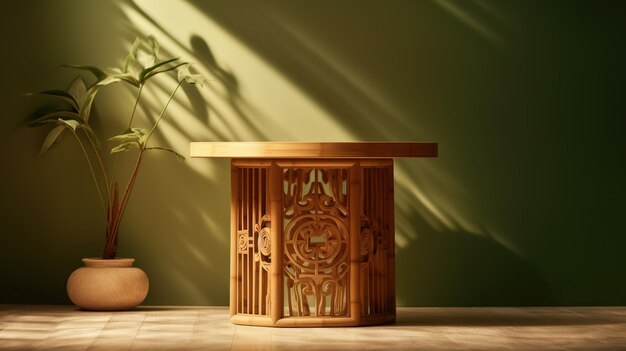 Una mesa de madera con una planta al fondo.