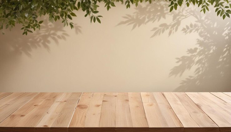 una mesa de madera con una planta colgando en la pared detrás de ella