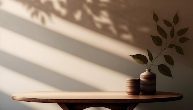 Una mesa de madera con una planta encima y una sombra del sol en la pared.