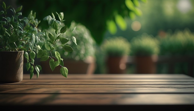 Una mesa de madera con una planta y un fondo natural