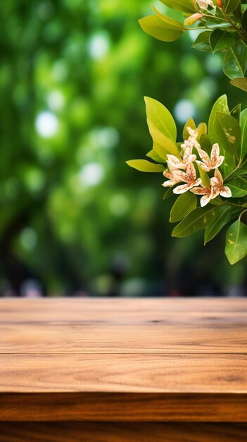 una mesa de madera con una planta con un fondo verde