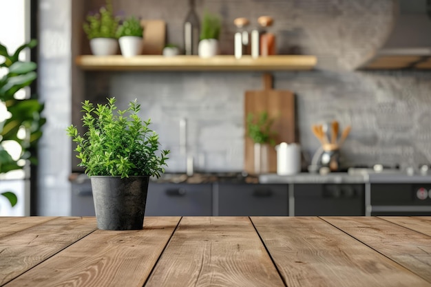 Mesa de madera con planta en maceta contra el telón de fondo de la cocina