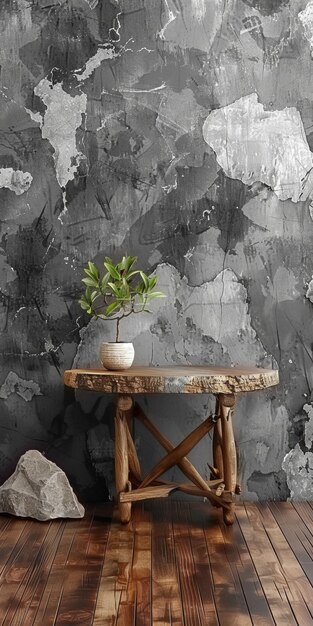 Una mesa de madera con una planta en maceta en ella se sienta frente a una pared con un gris