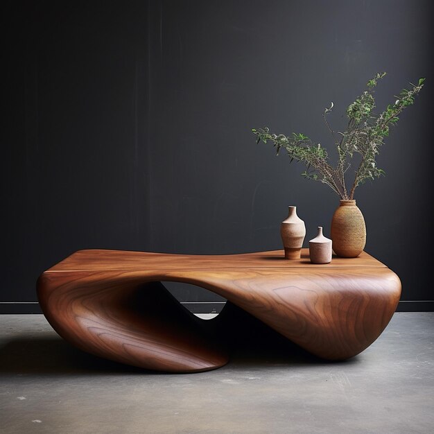 una mesa de madera con una planta y una maceta con una planta.
