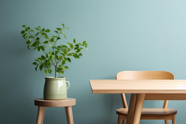 Mesa de madera con una planta en olla y una silla de madera